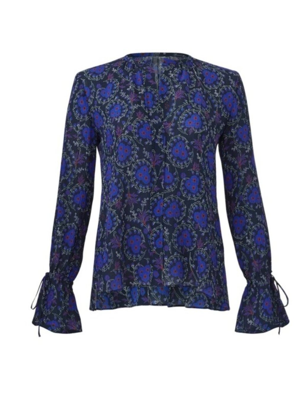 Derek Lam 10 Crosby SIlk Floral Bell Sleeve Blouse 4 Blue Vneck Crinkle Paisley